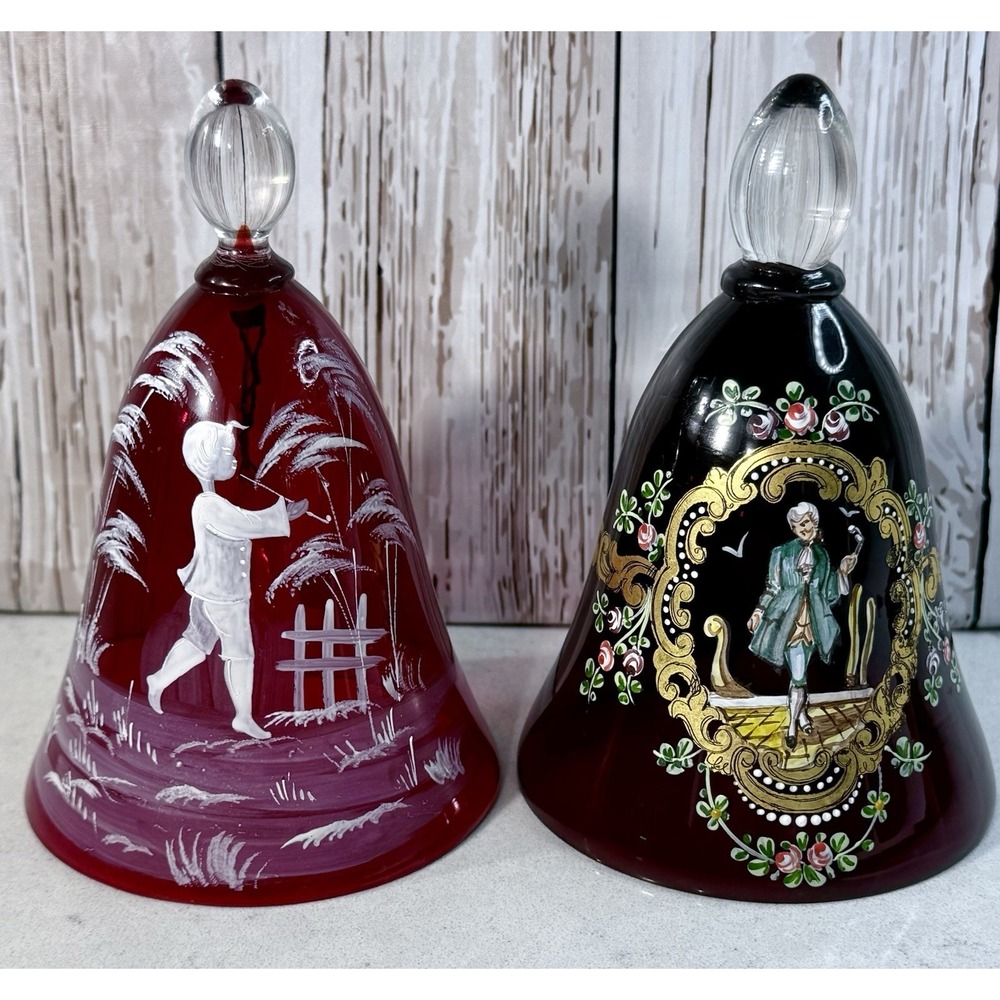 Pair Vintage Murano Italy Cranberry Glass Bells Hand Painted Glass Clappers